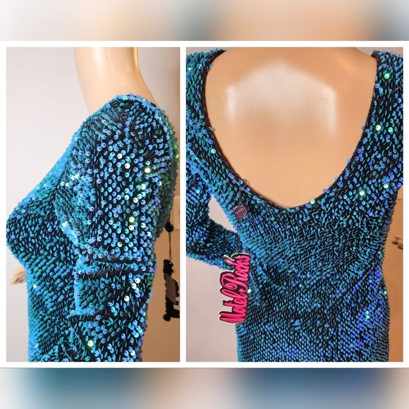 NWT Motel Rock Blue Green Iridescent Sequin long sleeve mini dress. Size XS. - Picture 16 of 17